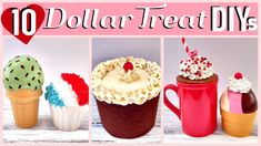 there are different cupcakes and ice cream cones in this collage with the words, 10 dollar treat diys