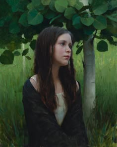 a painting of a woman sitting in the grass next to a tree with leaves on it