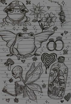 some drawings on lined paper with hearts, flowers and other things in them that are drawn by hand