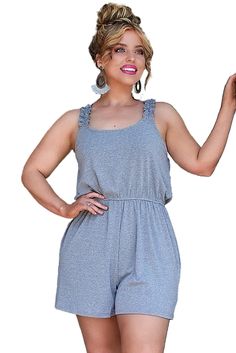 Gray Knit Frill Sleeveless U-neck Romper Gray Knit Sleeveless Tank Top, Sleeveless Sweater Vest For Summer, Casual Sleeveless Sweater Vest For Loungewear, Summer Sleeveless Sweater Vest For Loungewear, Sleeveless Sweater Vest For Summer Loungewear, Solid Knit Sweater Vest For Summer, Leopard Satin Dress, Swimwear High Waisted, Spaghetti Strap Maxi Dress