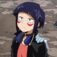 an anime character with black hair and blue eyes wearing headphones, looking at the camera