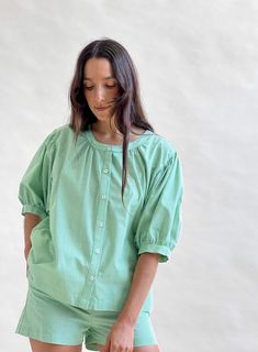 READY TO SHIP, Market Blouse, Grass Gingham — Town Clothes Cotton Balloon Sleeve Tops With Button Cuffs, Daywear Puff Sleeve Top With Relaxed Fit, Relaxed Fit Puff Sleeve Top With Gathered Sleeves, Balloon Sleeve Tops With Button Cuffs For Daywear, Relaxed Fit Tops With Gathered Sleeves And Button-up, Relaxed Fit Button-up Tops With Gathered Sleeves, Green Blouse With Button Cuffs For Daywear, Summer Puff Sleeve Tops With Button Cuffs, Spring Balloon Sleeve Tops With Button Cuffs