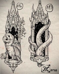 two drawings of an owl on the front and back of a building with ornate designs