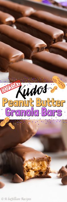 some kind of peanut butter granola bars stacked on top of each other with text overlay