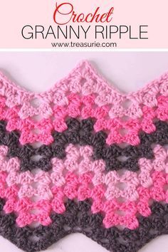 the crochet granny ripple pattern is shown in pink and gray, with black accents