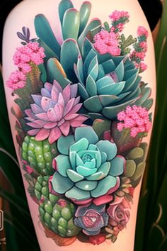 Simple and Stunning Succulent Tattoo Ideas Watercolor Succulent Tattoo, Color Cover Up Tattoo, Succulent Tattoos, Ink Artists, Plant Tattoos, Tattoo Fixes