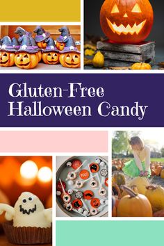 a collage of halloween images with pumpkins and other decorations in the background text reads gluten - free halloween candy