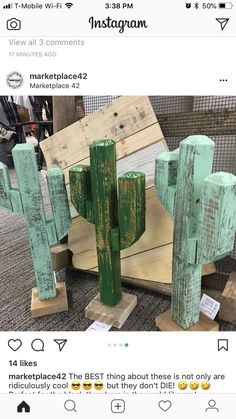 two wooden cactus sculptures sitting next to each other on top of a carpeted floor