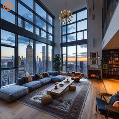 a living room filled with lots of furniture and large windows overlooking the city at sunset