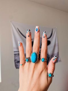 Turquoise Nails Western Cow Print, Western Theme Nails Cowboy Boots, Western Pedicure Designs, Koe Wetzel Concert Nails, Western French Tip Nail Ideas, Almond Shape Western Nails, Turquoise Nail Design