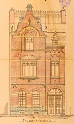 an old drawing of a building with windows