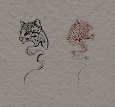 two drawings of animals on paper with one drawing of a leopard and the other painting of a woman's head