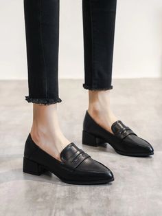 Heeled Penny Loafers, Womens Penny Loafers, Loafer Pumps, Black Chunky Heels, Chunky Loafers, Black Loafers, Shoe Covers, Penny Loafer