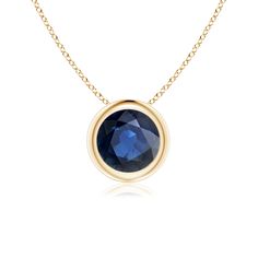 This classic solitaire sapphire pendant's beautiful design makes the center stone appear like it's floating on the chain. The radiant blue gem is secured in a bezel setting. Crafted in 14k yellow gold, this round sapphire pendant is simple yet gorgeous. Elegant Sapphire Round Pendant Jewelry, Round Sapphire Pendant, Sapphire Gemstone Round Pendant Jewelry, Sapphire Round Pendant With Polished Finish, Sapphire Pendant Necklace With Polished Finish, Gold For Sale, Round Sapphire, Sapphire Solitaire, Sapphire Pendant