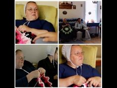 several pictures of people knitting and crocheting in different stages of life, including an elderly man sitting on a couch