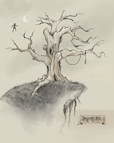 a drawing of a tree on top of a hill