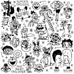 a bunch of cartoon characters drawn in black and white