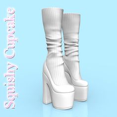 a pair of white high heeled boots on top of a blue background with the words,