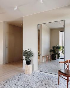 an empty room with a chair, mirror and potted plant