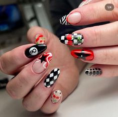 Cherry And Checkered Nails, Black Nails With Cherries, Lucky Nails Design, Black Cherry Nails Design, Ace Of Hearts Nails, Different Design Nails, Every Nail Different Design, Black White Red Nails, Poker Nails Design