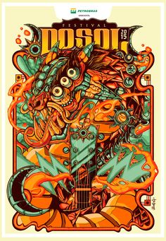 a poster with an image of a guitar and other things on it's side