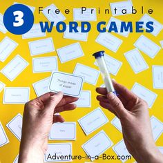 two hands holding a small tube with the words word games in front of them on a yellow background