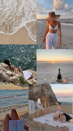 a collage of photos with people laying on the beach and in the water at sunset