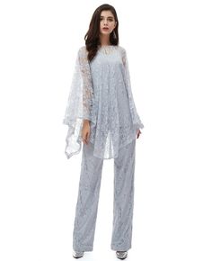 Buy Classy Grey Lace Wedding Guest Formal Dress Outfit Trousers With Lace Cape at wholesale price online. High quality custom-made service pro since 2009. Mother Of The Groom Clothes, Formal Dress Outfit, Wedding Guest Formal Dress, Formal Cape, Groom Clothes, Classy Trousers, Mother Of The Groom Outfits, Outfit Trousers, Plus Size Pant Suits