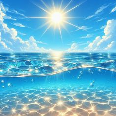 the sun shines brightly above the water's surface, making it appear to be floating