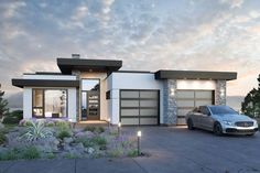 a car is parked in front of a modern house with stone and stucco accents at dusk