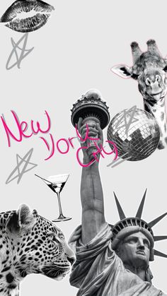 the statue of liberty, giraffes, and other animals are depicted in this new york city poster