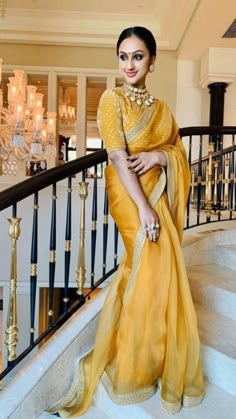 Red Organza Saree, Draped Sarees, Vijay Kumar, Yellow Outfits, Punjabi Salwar, Blouses Designs, Indian Sari Dress, Saree Floral, Saree Blouse Neck Designs