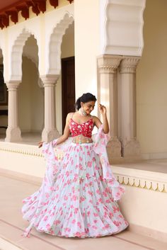 Floral printed chiffon Anarkali with Embroidery and keyhole details on yoke. Paired with chiffon printed dupatta, beads and fringe latkan details all over the dupatta Chiffon Anarkali, Lehenga Suit, Printed Dupatta, Three Tier, Anarkali, Floral Printed, Spring Break, Skirt Length, Lehenga