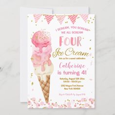 a pink ice cream cone birthday party card