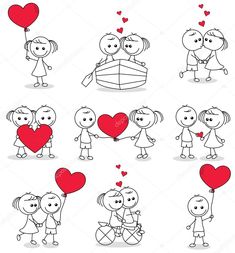 set of cartoon stick figures with hearts for valentines day stock photo royalty illustration and