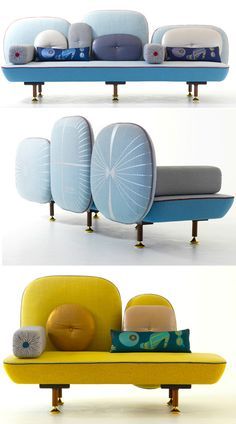 two pictures of different types of couches and chairs with the same color scheme on them