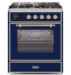 ILVE 30" Majestic II Series Gas Burner and Electric Oven Range with 5 Sealed Burners (UM30DNE3) - Midnight Blue with Bronze Trim Ilve Range, Kitchen Centerpiece, Fancy Kitchens, Dual Fuel Ranges, Steam Oven, Iron Grate, Single Oven, Cool Doors, Kitchen Stove