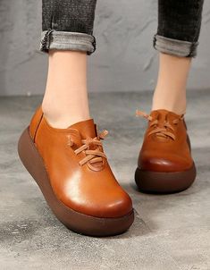 Brown Casual Leather Shoes With Low Heel, Brown Low Heel Leather Shoes Casual, Casual Brown Leather Shoes With Low Heel, Casual High Heel Leather Shoes For Fall, Casual High Heel Leather Shoes, Casual Leather High Heel Shoes, Spring Platform Leather Lace-up Shoes, Chic Brown Leather Shoes With Round Toe, Fall Platform Leather Shoes With Flat Heel