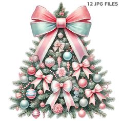 a christmas tree with pink bows and ornaments on it's top, is shown