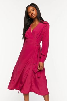 Surplice Long-Sleeve Wrap Midi Dress Belted Midi Dress With V-neck, Formal Knee-length Faux Wrap Dress, Solid Color Belted V-neck Midi Dress, Belted Knee-length Midi Dress For Brunch, Chic Solid Midi Dress With Surplice Neckline, Chic Midi Dress With Surplice Neckline, Formal Midi Dress With Faux Wrap And Surplice Neckline, V-neck Tie Waist Midi Dress For Date Night, Solid Long Sleeve Wrap Dress For Formal Occasions