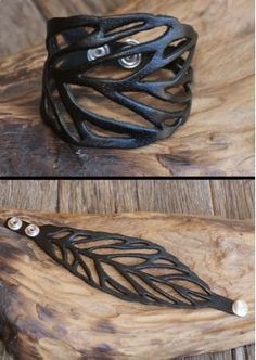 two different views of a black bracelet with leaves on it