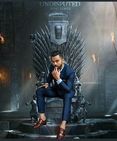 a man sitting on top of a iron throne with his hands clasped to his mouth