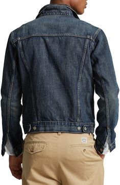 Get down with denim in this workwear-inspired trucker jacket crafted with a beautiful dark wash and traditional stitching. 23 1/2" length (size Medium) Point collar Unlined Dry clean or machine wash, tumble dry Imported Casual Selvedge Denim Jacket In Denim Blue, Casual Selvedge Denim Jacket In Relaxed Fit, Rugged Dark Wash Denim Outerwear, Fitted Casual Selvedge Denim Jacket, Fitted Selvedge Denim Jacket Casual Style, Rugged Medium Wash Denim Jacket, Casual Cotton Denim Jacket With Double-needle Stitching, Classic Dark Wash Denim Jacket With Double-needle Stitching, Denim Blue Outerwear With Double-needle Stitching