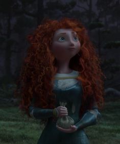 a red haired girl with long hair holding a bag in her hand and looking up at the sky