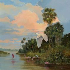 a painting of flamingos in the water near palm trees and other tropical vegetation with clouds