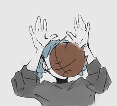 a drawing of a person holding a basketball up to their head with both hands in the air