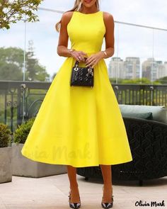 Color: yellow, Size: M Elegant Yellow A-line Sleeveless Dress, A-line Sundress Midi Dress For Cocktail, Yellow Sleeveless Midi Dress For Party, Summer Cocktail A-line Midi Dress, Chic Yellow Knee-length Sleeveless Dress, A-line Sundress For Party, Chic Yellow Halter Neck Sleeveless Dress, Yellow Sleeveless Evening Maxi Dress, Yellow Sleeveless Maxi Dress For Cocktail