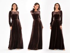 three different views of a woman wearing a long brown dress and standing in front of the camera