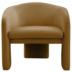 a tan leather chair sitting on top of a white floor