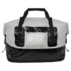 a white and black duffel bag with straps on it's handles, sitting against a white background